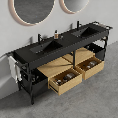 Meuble-lavabo de 72 po avec grâce industrielle, modulaire de 2, tiroir à fermeture en douceur, rangement ouvert, barre à serviettes réglable, noir mat et chêne, matériau principal en quartz, profondeur 72,03 po, largeur 18,66 po, 31,84 po