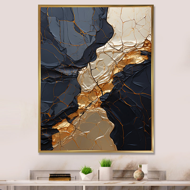 Minimalisme chrome doré et poteries noires II - spirales abstraites, impressions sur toile, H 32 po x l 24 po x P 1 po
