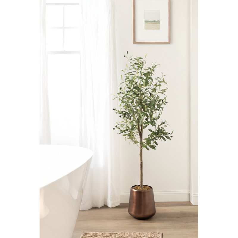 Faux olivier moderne avec pot de fleurs décoratif Oliveria, 59,06 po x 21,65 po, Blanc