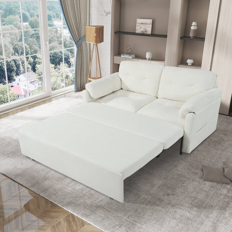 71" Upholstered 3-in-1 Convertible Pull Out Queen-size Sleeper Sofa Bed, Beige Chenille