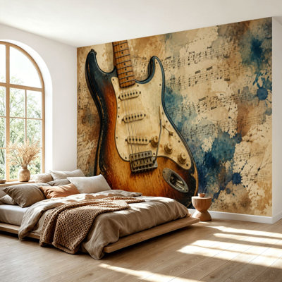 Wall Mural Peel and Stick Wallpaper Modern Blue Guitar Musical Themed Electric Sheet Music Grunge Self-Adhesive Removable Contact Paper Wall Decor for Living Room Bedroom 69"H x 96"W