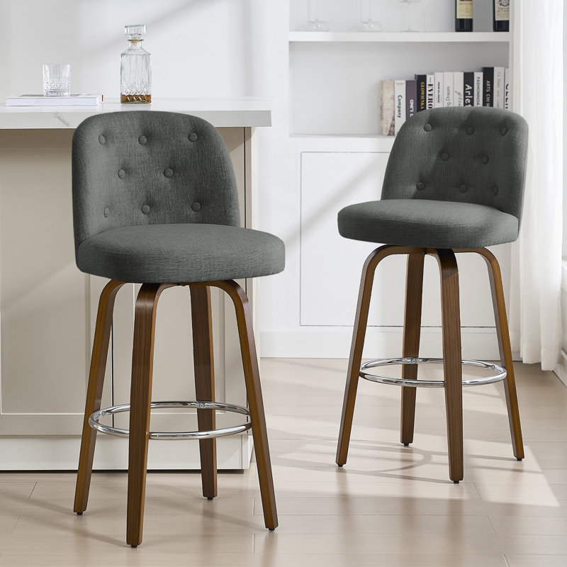 65CM Seat Height Swivel Upholstered Counter Stool with Solid Wood Frame(Set of 2), Grey