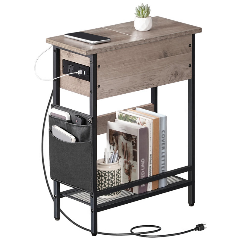 Narrow End Table with Charging Station, Flip Top Skinny Side Table, Gray