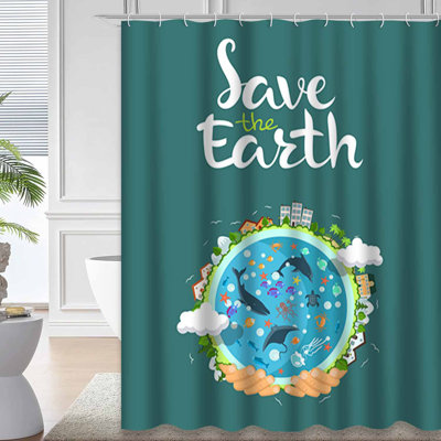 Earth Day Human Globe Space Save Planet Flat Style Ocean World Shower Curtain with 12 Hooks