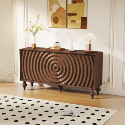 Buffet 59 po avec 4 portes et 5 pieds en bois massif, crédence de rangement moderne avec placage en bois massif pour le salon, la salle à manger ou l'entrée, noyer