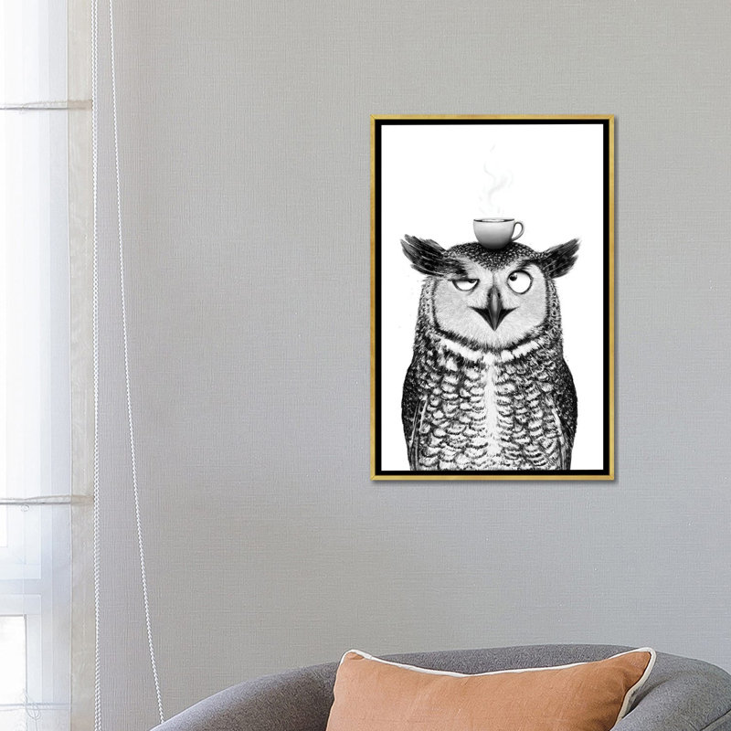Hibou avec cappuccino - reproduction d'art murale - toile encadrée, 26" x 18", Framed Canvas, Gold