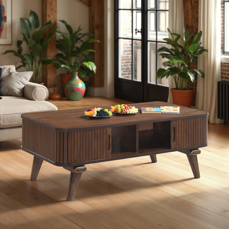 Table basse rectangulaire avec placage en noyer et rangement caché