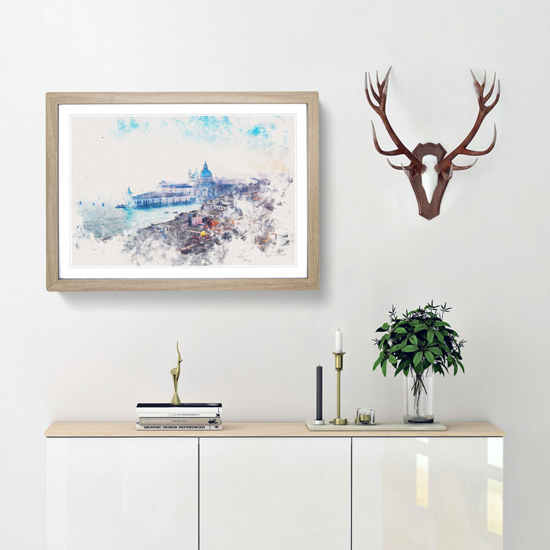 Venice Italy Skyline Watercolour - Framed Print, 33cm H x 45cm W x 2cm D, Oak