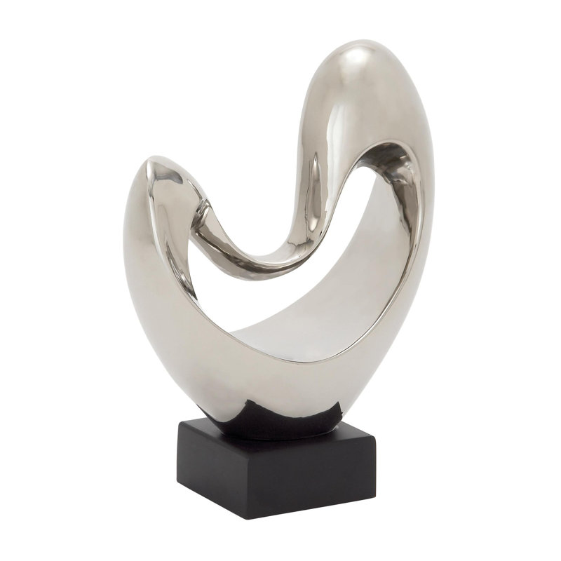 Polystone Heart Abstract Decorative Sculpture with Black Base, Glossy Silver