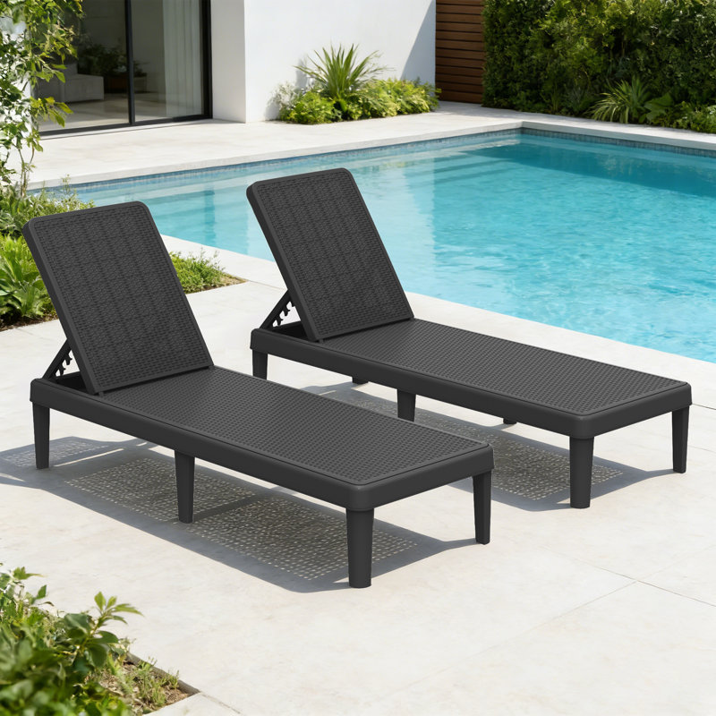74" All-Weather Resin Chaise Lounge Chair, 5-Position Adjustable Reclining Patio Armless Lounger, Set of 2, Gray