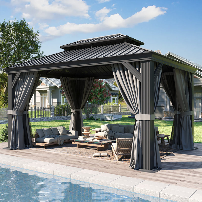14 pi. L 10 pi. D Métal avec toit guide d'eau, pavillon de jardin en aluminium 4,7 pouces