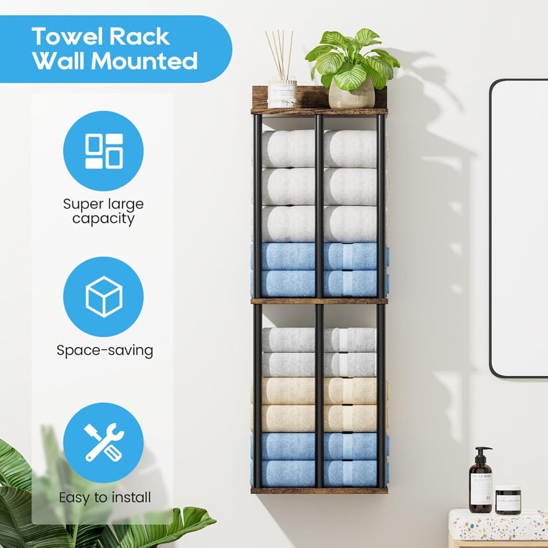 Porte-serviettes mural pour salle de bain avec tablette de rangement en bois, porte-serviettes en métal 3 barres