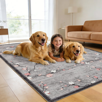 Tapis 8 x 10 pour le salon, tapis floral rétro, tapis lavable antidérapant et à poils courts pour le salon, la chambre à coucher, la salle à manger, gris
