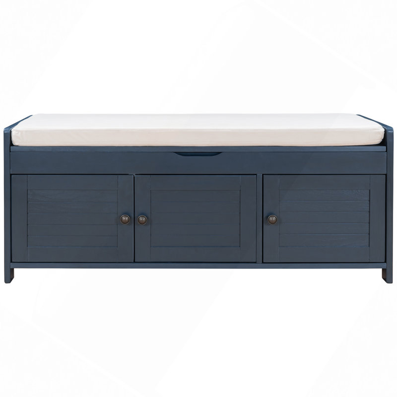 Storage Bench With 3 Shutter-Shaped Doors, Shoe Bench With Removable Cushion And Hidden Storage Space, Antique Navy