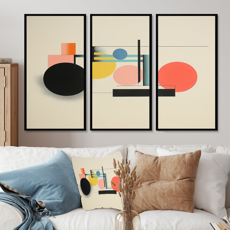Equilibrium Geometric Circular Retro Colour - Minimalism Wall Art Decor Set, Black Floater Framed, 32" H x 48" W x 1" D