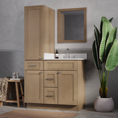 40" Freestanding Single Bathroom Vanity with Left Tall Linen Cabinet, Carrara Quartz Top, 3 Drawers