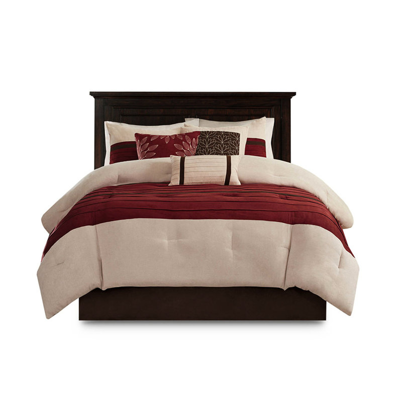 Édredon rouge en faux suède rouge - 7 pièces 2 taies décoratives 3 coussins décoratifs Lavable à la machine Jupe de lit