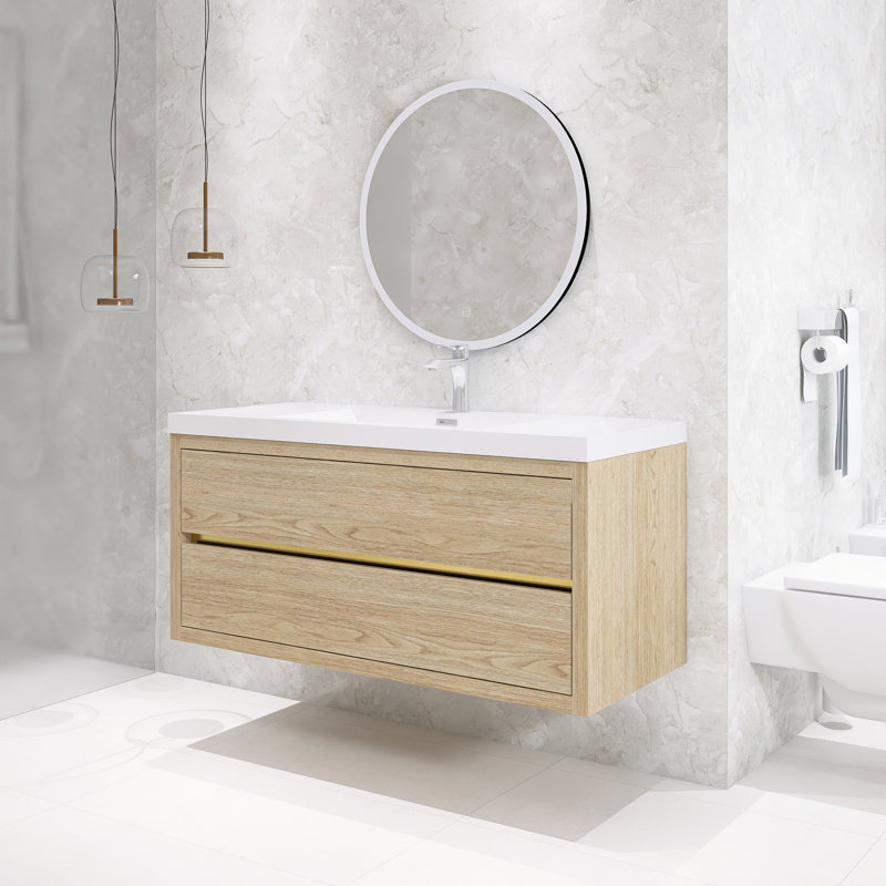 Ensemble de meuble-lavabo simple mural moderne 48 po avec lavabo en résine, Chêne naturel, 48"