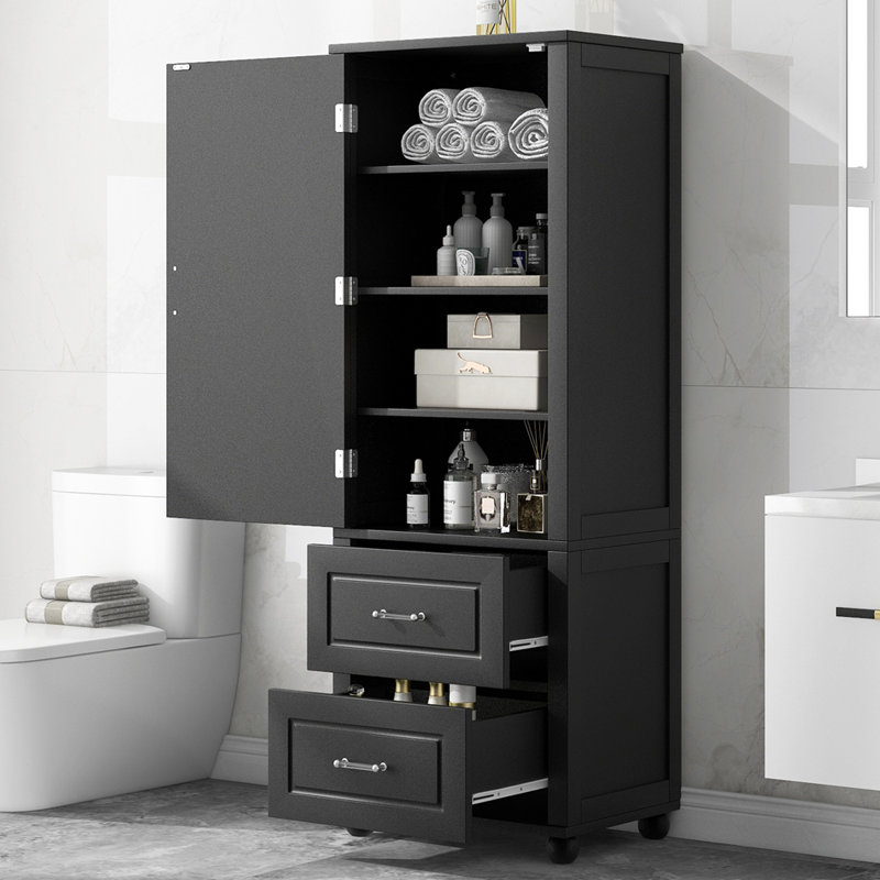 Tall Bathroom Storage Cabinet With Two Drawers And Adjustable Shelf, Freestanding MDF Board Design For Enhanced Organization