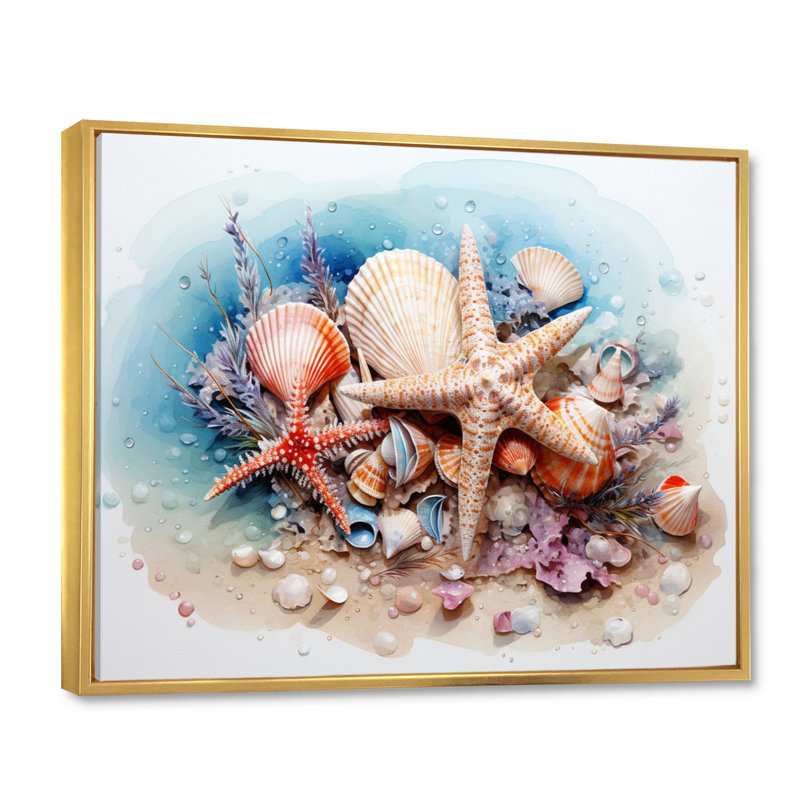 Trésors de la mer sur toile, H 34 po x l 44 po x P 1,5 po, Cadre flottant doré