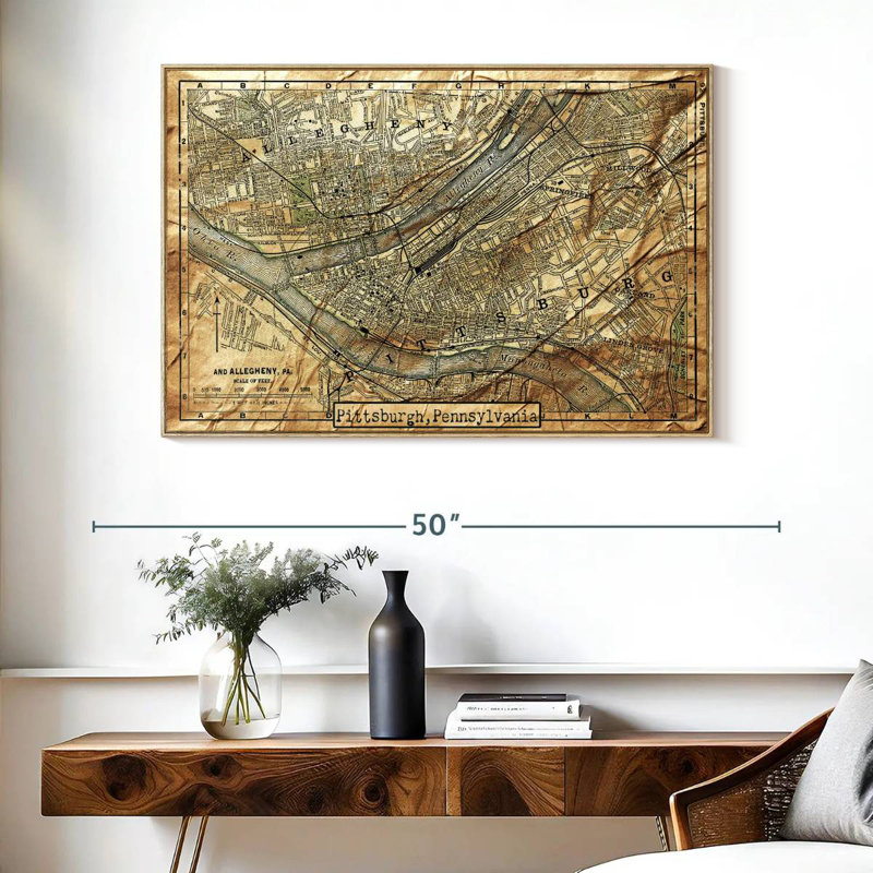 Carte rétro de la ville de Pittsburgh, Cadre flottant en bois naturel, 40 po x 27 po