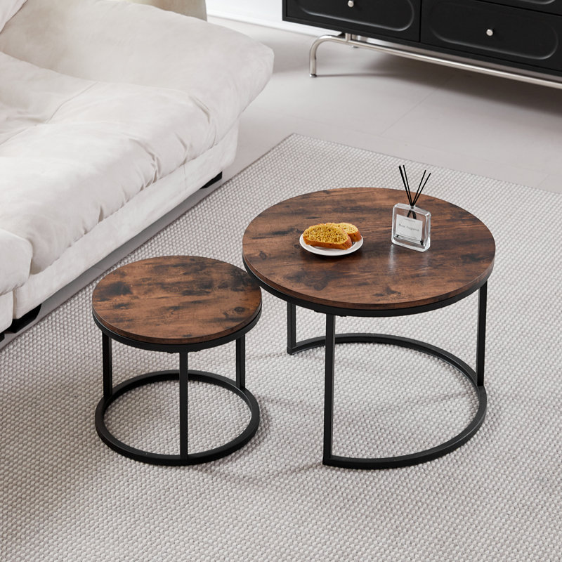 Modern Nesting Coffee Tables, Round Wood Effect MDF Tabletop with Black Metal Frame for Living Room, Grey