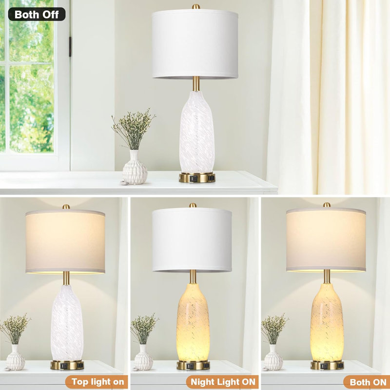 26'' White Glass Table Lamps Set with USB Ports and Touch Control