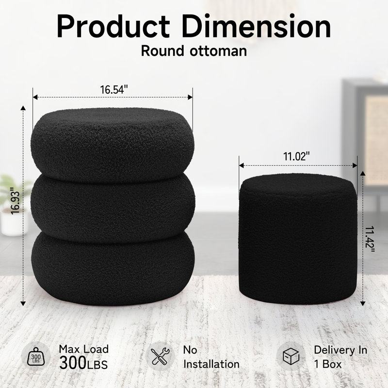 Round Ottoman with Storage, Teddy Velvet Upholstered Ottoman for Living Room and Bedroom(set of 2), Black