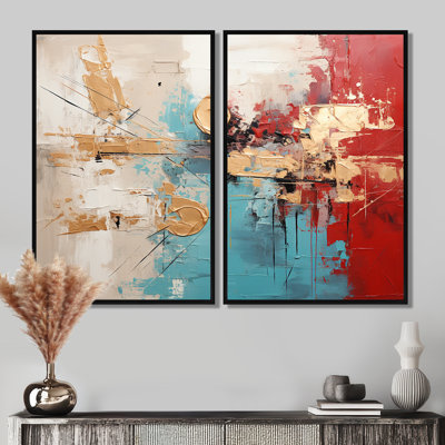 Collage majestueux doré et rouge - Collages abstraits sur toile, 2 panneaux