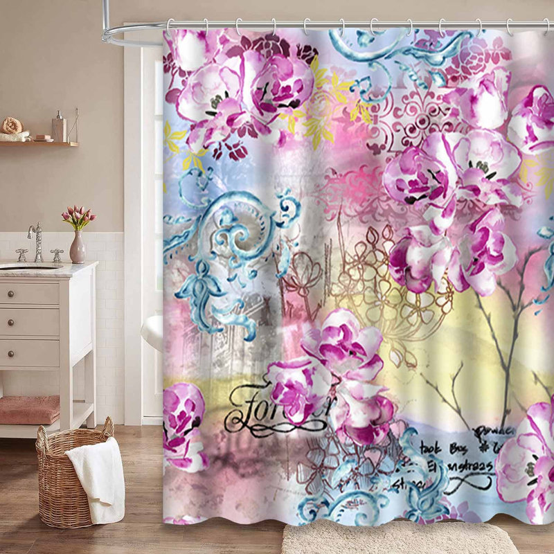 Aquarelle, fleurs, ornements en cachemire, bâtiments abstraits, lettres, fleurs et 12 crochets, L 72 po x l 84 po