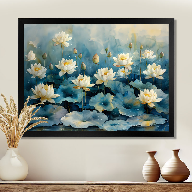 Blanc, bleu, lotus, réflexion de l'étang - art mural Lotus, Cadre simple noir, H 34 po x l 44 po