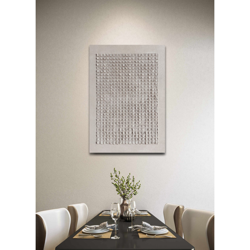 30 x 45 pouces, art mural abstrait texturé en 3D texturé à la main à la main, peinture sur toile mosaïque carrée en acrylique beige empâtement épais neutre, décoration murale minimaliste encadrée et tendue