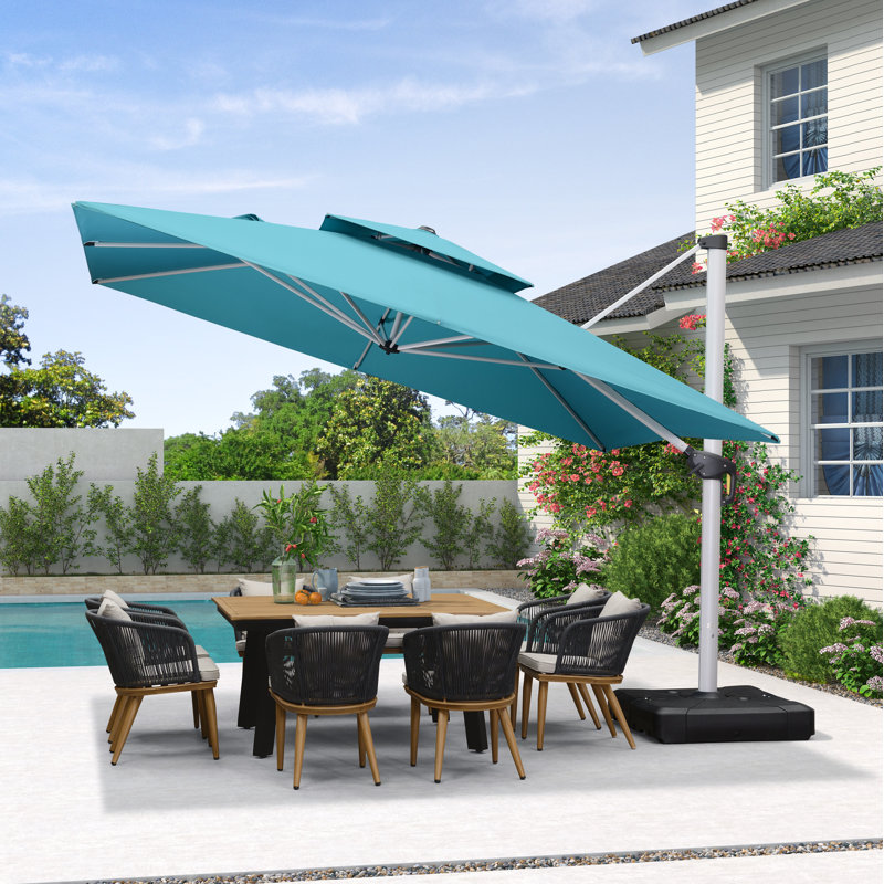 Parasol d'extérieur carré en porte-à-faux double 12 pi avec base et housse de parasol, bleu turquoise, Bleu turquoise