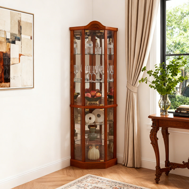 Rolip  Corner Lighted Curio Cabinet with Adjustable Shelves, Brown