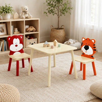 3-Piece Kids Table & 2 Chairs Set, Bear&Tiger Themed Wooden Toddler Activity Play Table, Easy Assembly