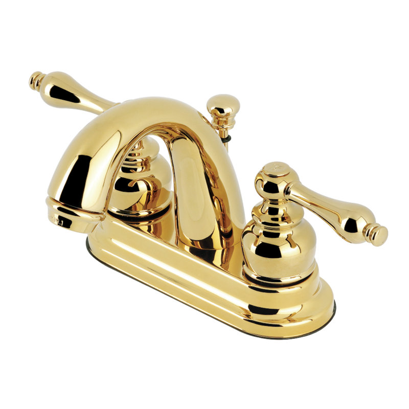 Kingston Brass Restoration Two-Handle 3-Hole Deck Mount 4" Centerset Bathroom Faucet with Plastic Pop-Up, Polished Brass