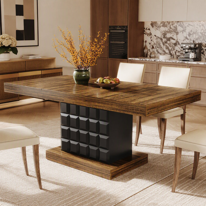 63" Dining Table, Rectangular Kitchen Table with Geometric Relief for 4-6