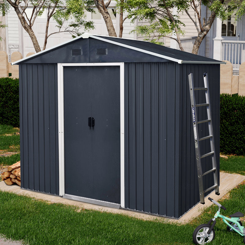 8Ft X 4Ft Outdoor Metal Storage Shed With Sliding Door And Foundation, Black, 74.75" H x 93" W x 51.75" D