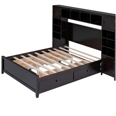 Wooden Bed with Integrated Cabinet and Shelves