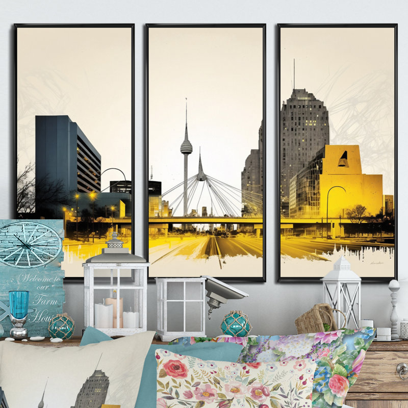 Winnipeg Skyline Of City I - 3 pièces sur toile, H 28 po x l 36 po x P 1 po, Cadre flottant noir