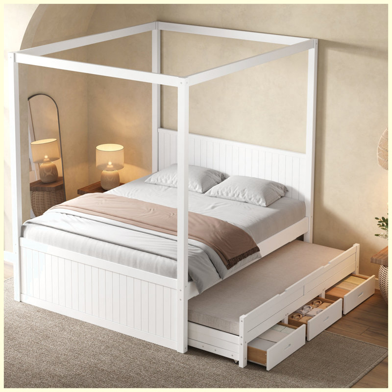 Grand lit plateforme à baldaquin avec lit gigogne simple, 3 tiroirs de rangement, tête de lit, lit à baldaquin blanc pour la chambre à coucher