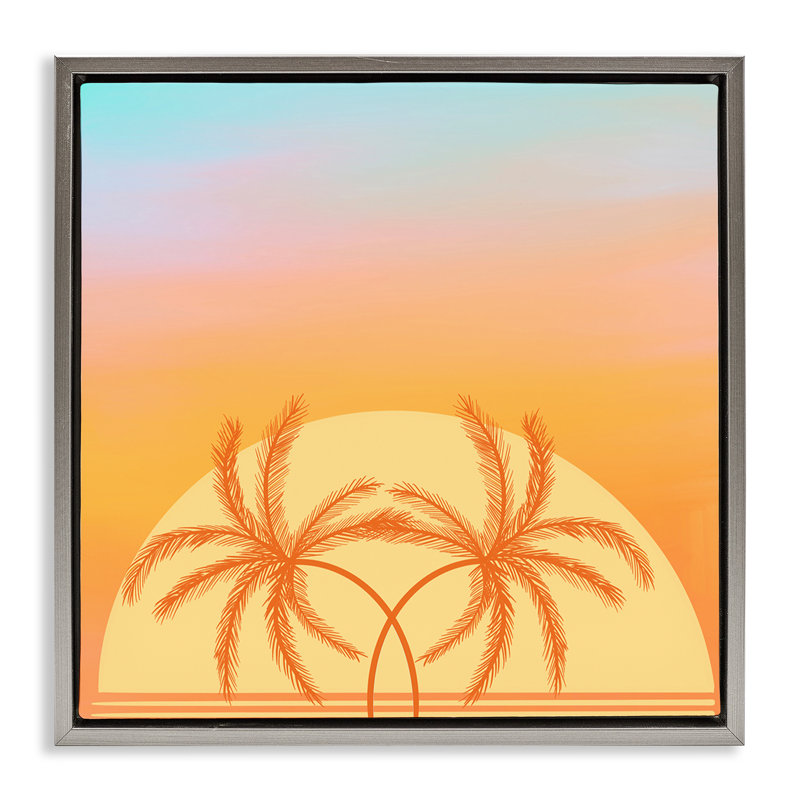"Retro Sunset Palm Trees", encadrée par Ashley Singleton, Cadre flottant gris lustré, H 18 po x l 18 po