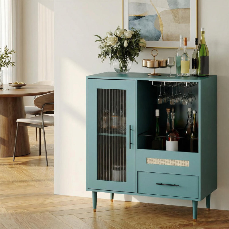 Wine Bar Cabinet with Tempered Glass Door & Rack , 30.7" Freestanding Modern Buffet Sideboard for Dining Room, Kitchen Coffee Bar & Liquor Storage Cabinet with Drawers and Glass Holder