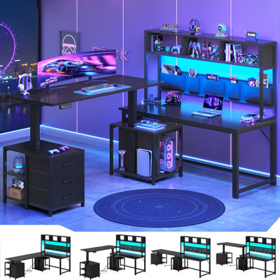L Shaped Standing Gaming Desk with 3 Drawer,  94.5" Reversible Height Adjustable Corner Computer Desk with LED Lights, Power Outlet and Storage Shelves, Black