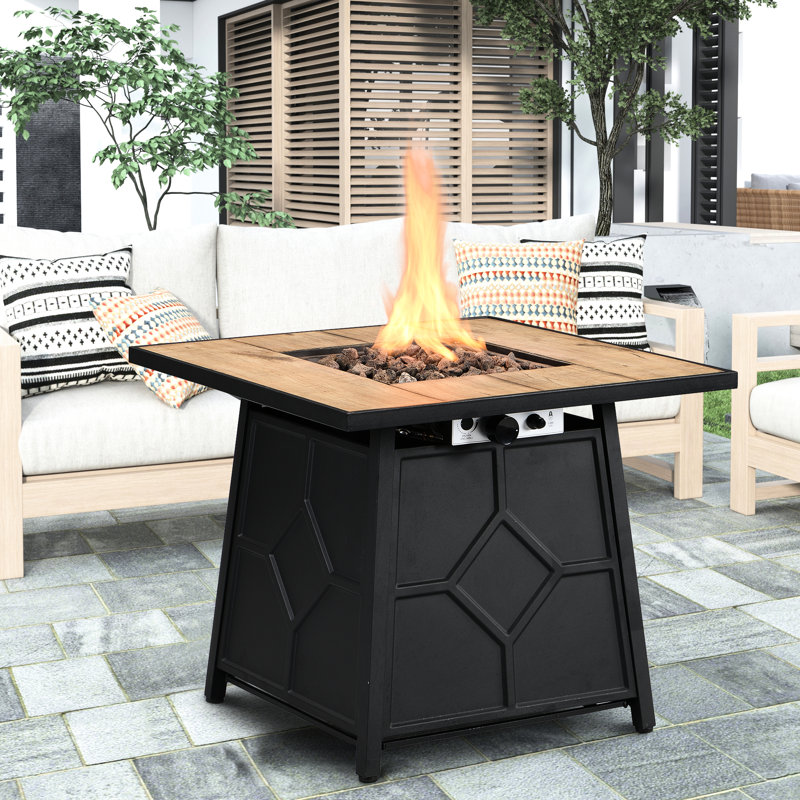40,000 28 - Inch Square Auto Ignition Propane Gas Fire Pit Table, Brown, + Iron, Tile Desktop For Outdoor Ambiance Table With Waterproof Cover, Decor, Metal Frame, Desktop,