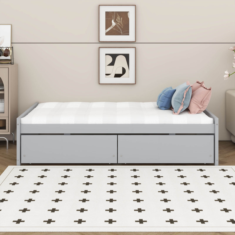 Lit plateforme simple avec rangement, lit de jour en bois d'hévéa massif avec tiroirs de rangement, cadre de lit d'angle, support à lattes en bois