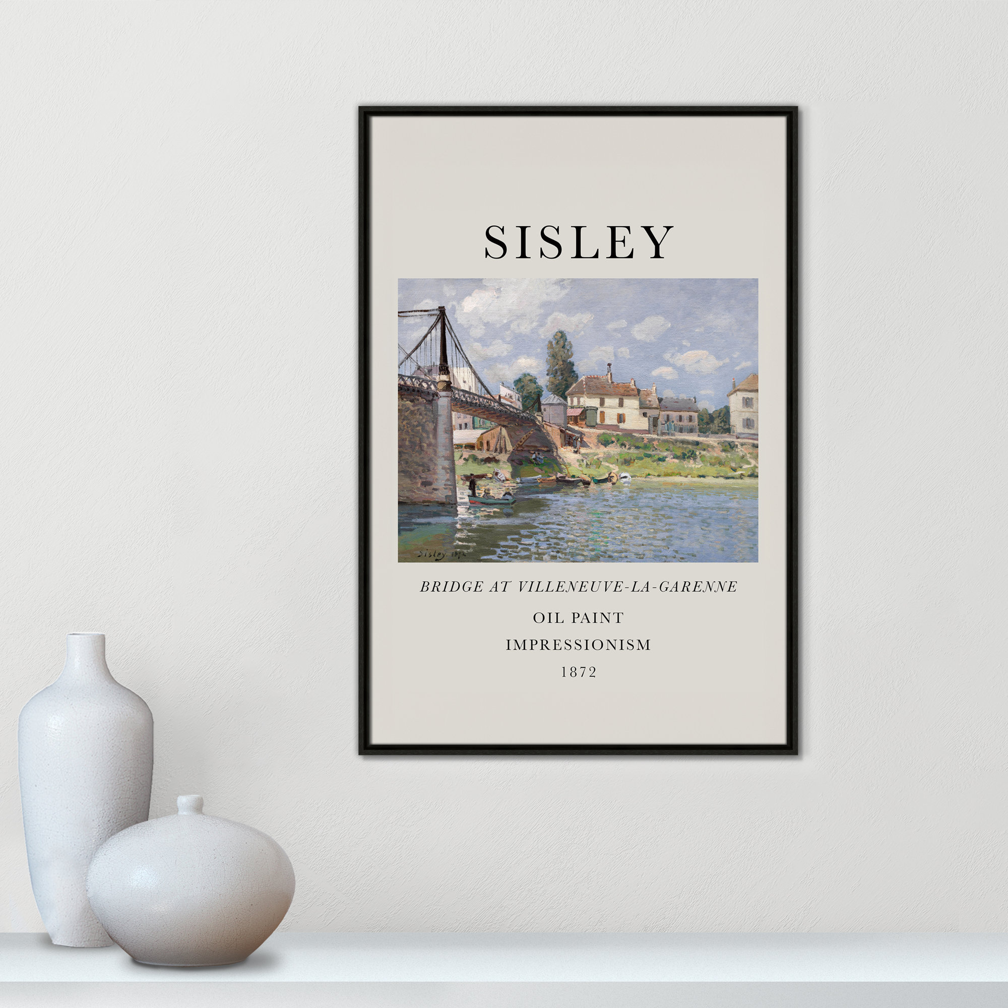 Old Masters Collection " The Bridge At Villeneuve " by Alfred Sisley, 37.5" H x 25.5" W x 2" D, No, Espresso Floater Frame