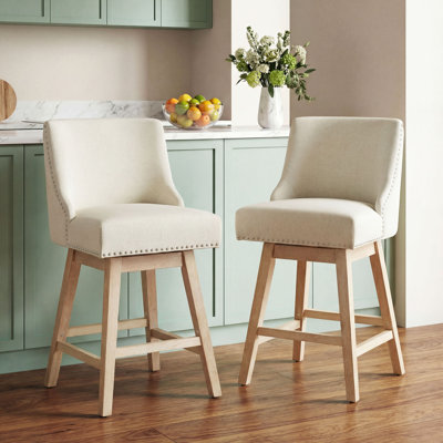Swivel Counter Height Bar Stools Set Of 2, 25.4''H Upholstered Barstools With Backs, Modern Bar Stool Chairs For Kitchen Island, Wood Legs, Fabric, Stools Counter Chair