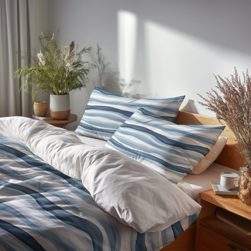 Ensemble de housse de couette et de coussin rayé bleu marine et blanc, Housse de couette pour grand lit et 2 taies décor