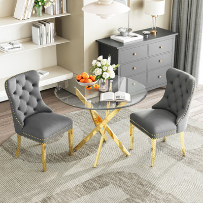 36" Round Glass Dining Set, Modern Velvet Upholstered Chairs With Cross Stainless Steel Base